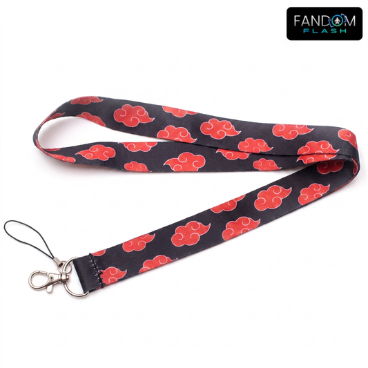 Akatsuki Inspired Red Cloud Lanyard – Black Anime Badge Strap