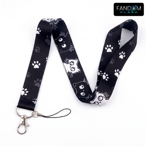 Black Cat & Paw Print Lanyard – Cute Pet Lover Badge Strap