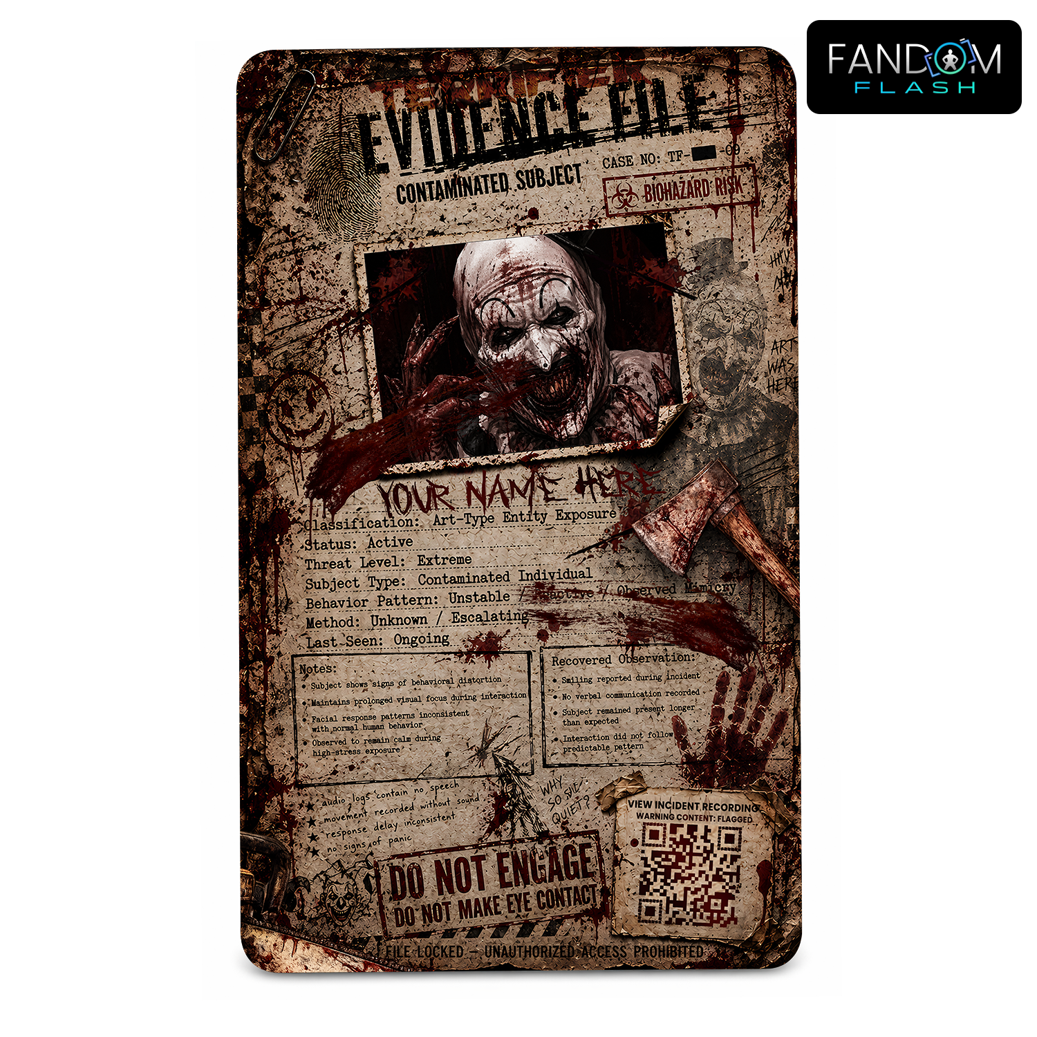 Custom Terrifier ID Badge – Horror Evidence File Case Card – Fandom Flash