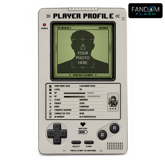 Legendary Hero Profile Card – Retro Handheld Gaming Inspired Player Badge
