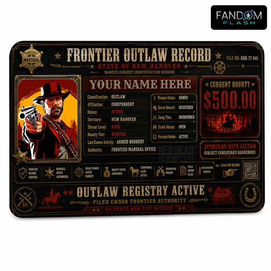 Frontier Outlaw Record ID Badge – Red Dead Redemption Inspired Western Card