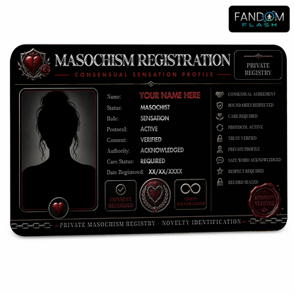 Masochism Registration Card – Consensual Sensation Inspired Custom Novelty Badge