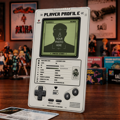 Legendary Hero Profile Card – Retro Handheld Gaming Inspired Player Badge